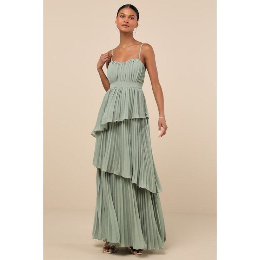 Lulus Jehona Sage Brush Pleated Tiered Maxi Dress Green - Size XL